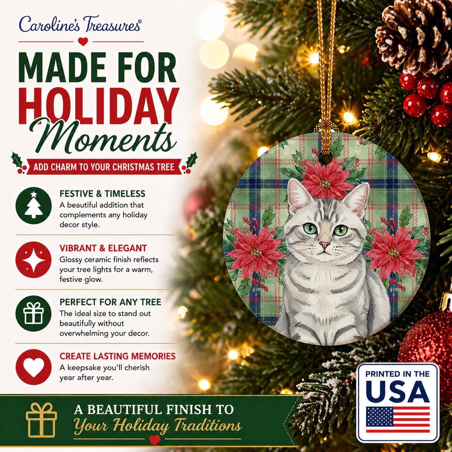 Silver Mackerel Tabby Cat with Poinsettias Ceramic Ornament Christmas Tree Hanging Decorations for Home Christmas Holiday, Party, Gift, 3 in, Multicolor