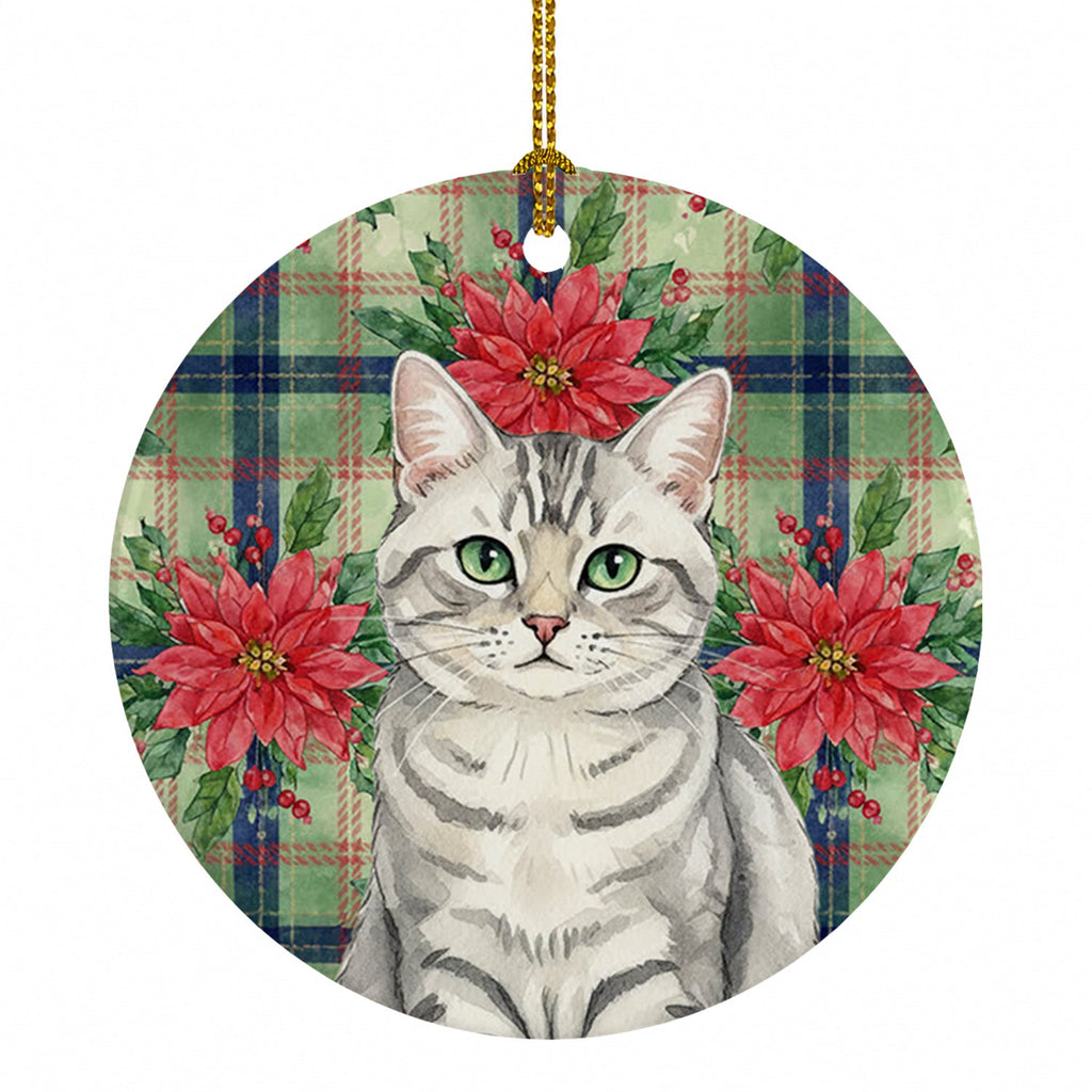 Silver Mackerel Tabby Cat with Poinsettias Ceramic Ornament Christmas Tree Hanging Decorations for Home Christmas Holiday, Party, Gift, 3 in, Multicolor