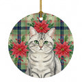 Silver Mackerel Tabby Cat with Poinsettias Ceramic Ornament Christmas Tree Hanging Decorations for Home Christmas Holiday, Party, Gift, 3 in, Multicolor