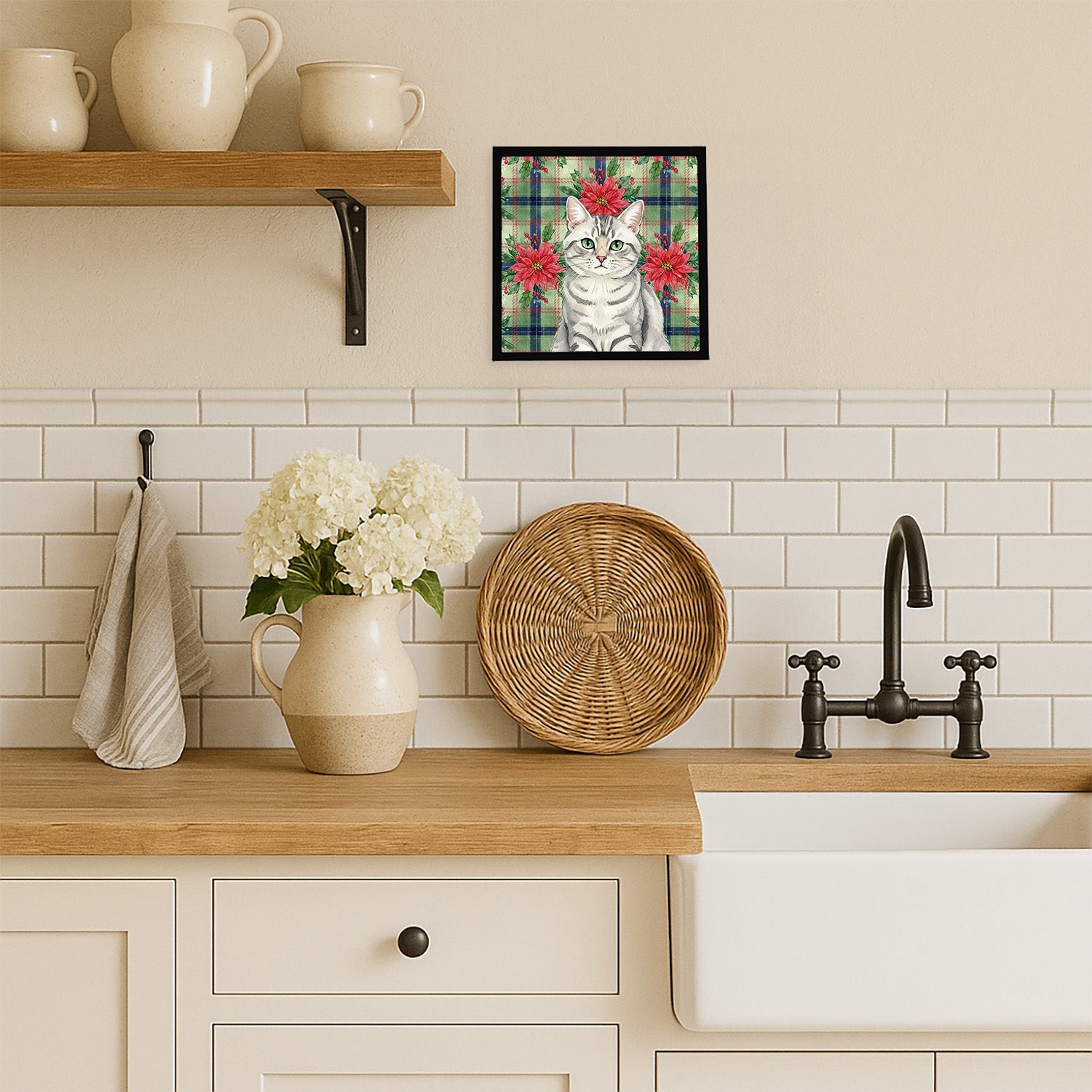 Silver Mackerel Tabby Cat with Poinsettias Framed Metal Print Bathroom, Kitchen, Office, Home Decor Wall Art Ready to Hang, Square, 8X8