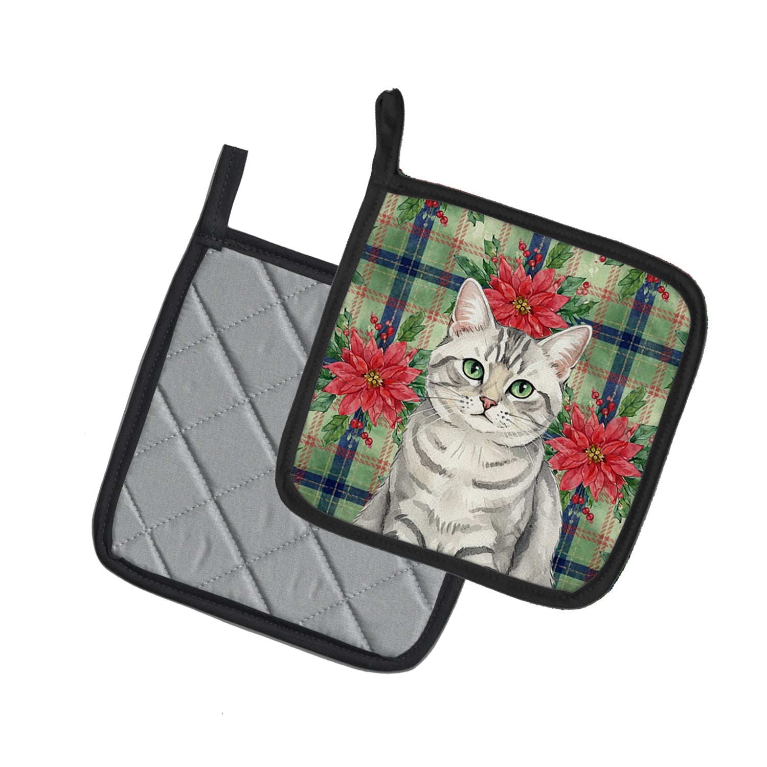 Silver Mackerel Tabby Cat with Poinsettias Pot Holder Set of 2 Heat Resistant Quilted Hot Pads 7.5 x 7.5 Inch, Insulated Kitchen Trivets for Cooking & Baking
