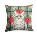 Silver Mackerel Tabby Cat with Poinsettias Decorative Throw Pillow 14x14 Indoor Outdoor Accent Cushion, Fabric Cover with Insert for Sofa, Bed, Porch & Living Room