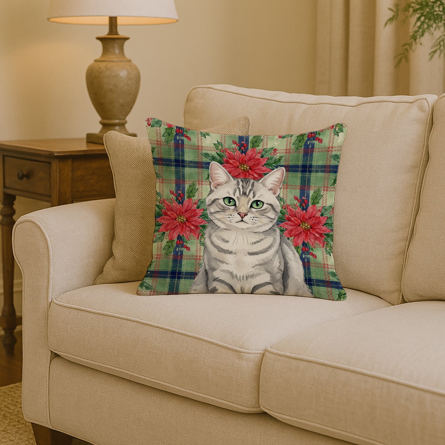 Silver Mackerel Tabby Cat with Poinsettias Decorative Throw Pillow 14x14 Indoor Outdoor Accent Cushion, Fabric Cover with Insert for Sofa, Bed, Porch & Living Room