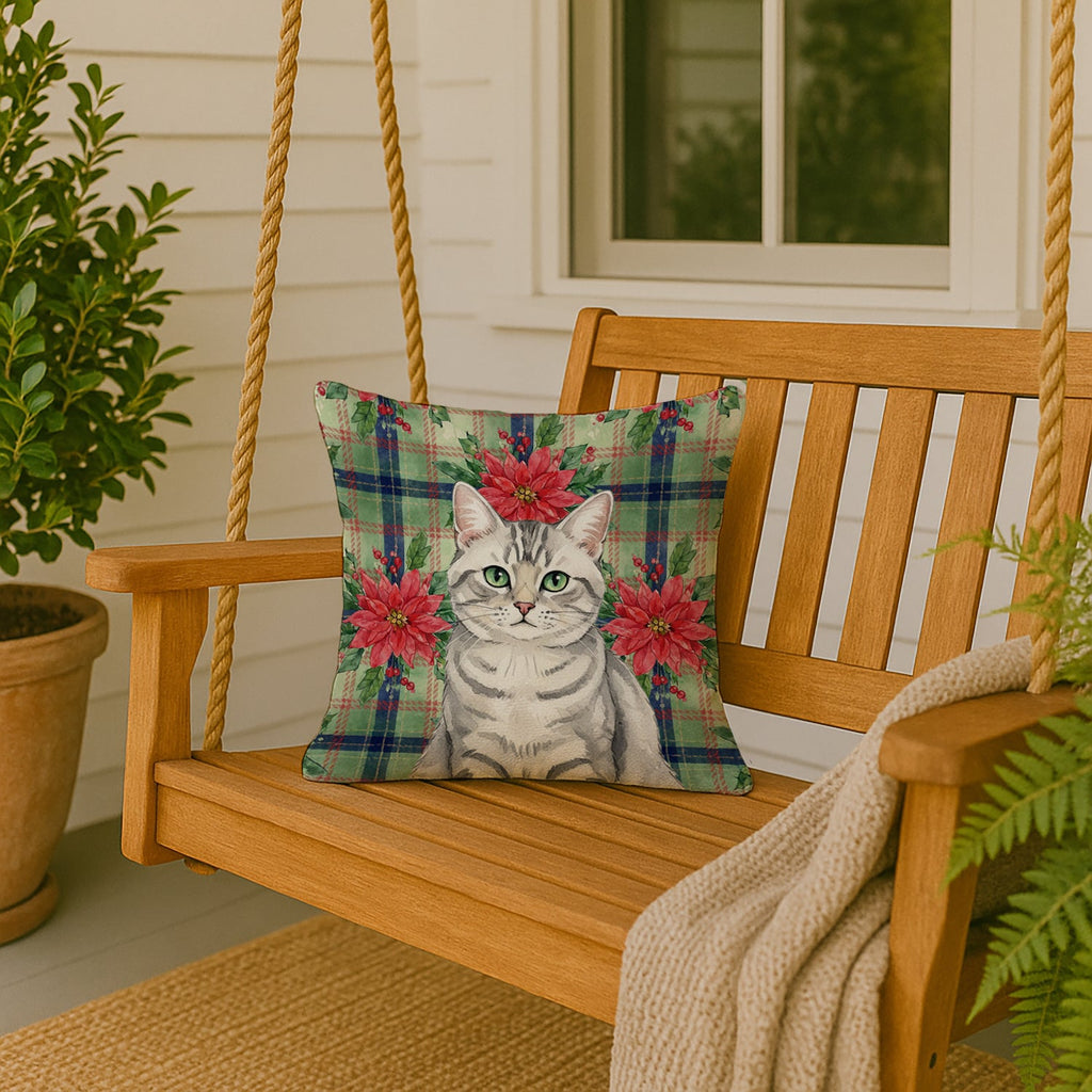 Silver Mackerel Tabby Cat with Poinsettias Decorative Throw Pillow 18x18 Indoor Outdoor Accent Cushion, Fabric Cover with Insert for Sofa, Bed, Porch & Living Room