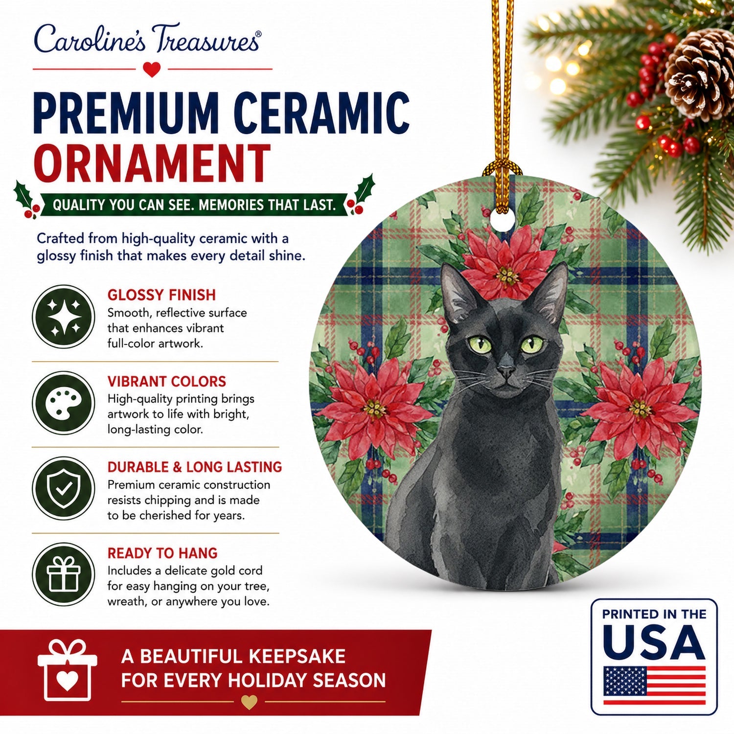 Solid Black Cat with Poinsettias Ceramic Ornament Christmas Tree Hanging Decorations for Home Christmas Holiday, Party, Gift, 3 in, Multicolor