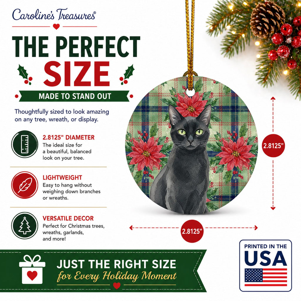 Solid Black Cat with Poinsettias Ceramic Ornament Christmas Tree Hanging Decorations for Home Christmas Holiday, Party, Gift, 3 in, Multicolor