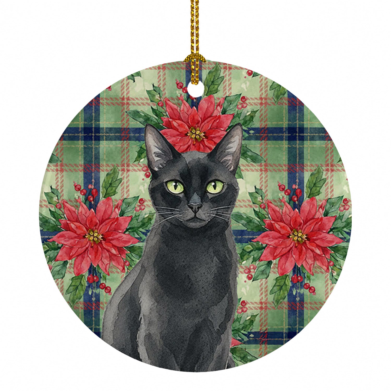 Solid Black Cat with Poinsettias Ceramic Ornament Christmas Tree Hanging Decorations for Home Christmas Holiday, Party, Gift, 3 in, Multicolor