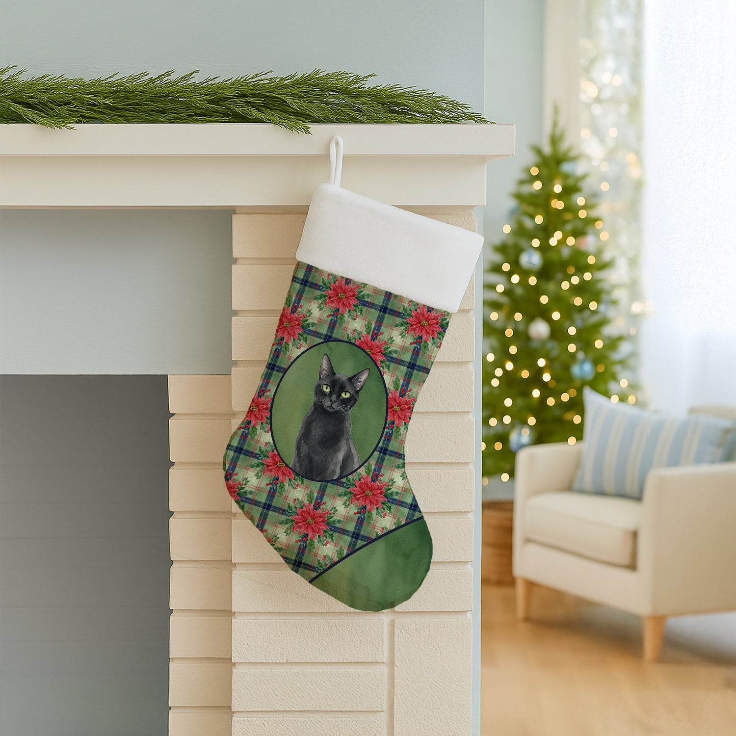 Solid Black Cat with Poinsettias Holiday Stocking Double-Sided Print, Polyester Suede,11x18, Made in USA