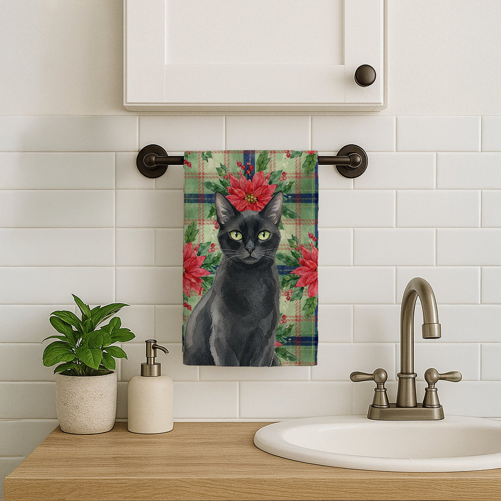 Solid Black Cat with Poinsettias Kitchen Towel Velour Plush Front and Cotton Loop Back Machine Washable