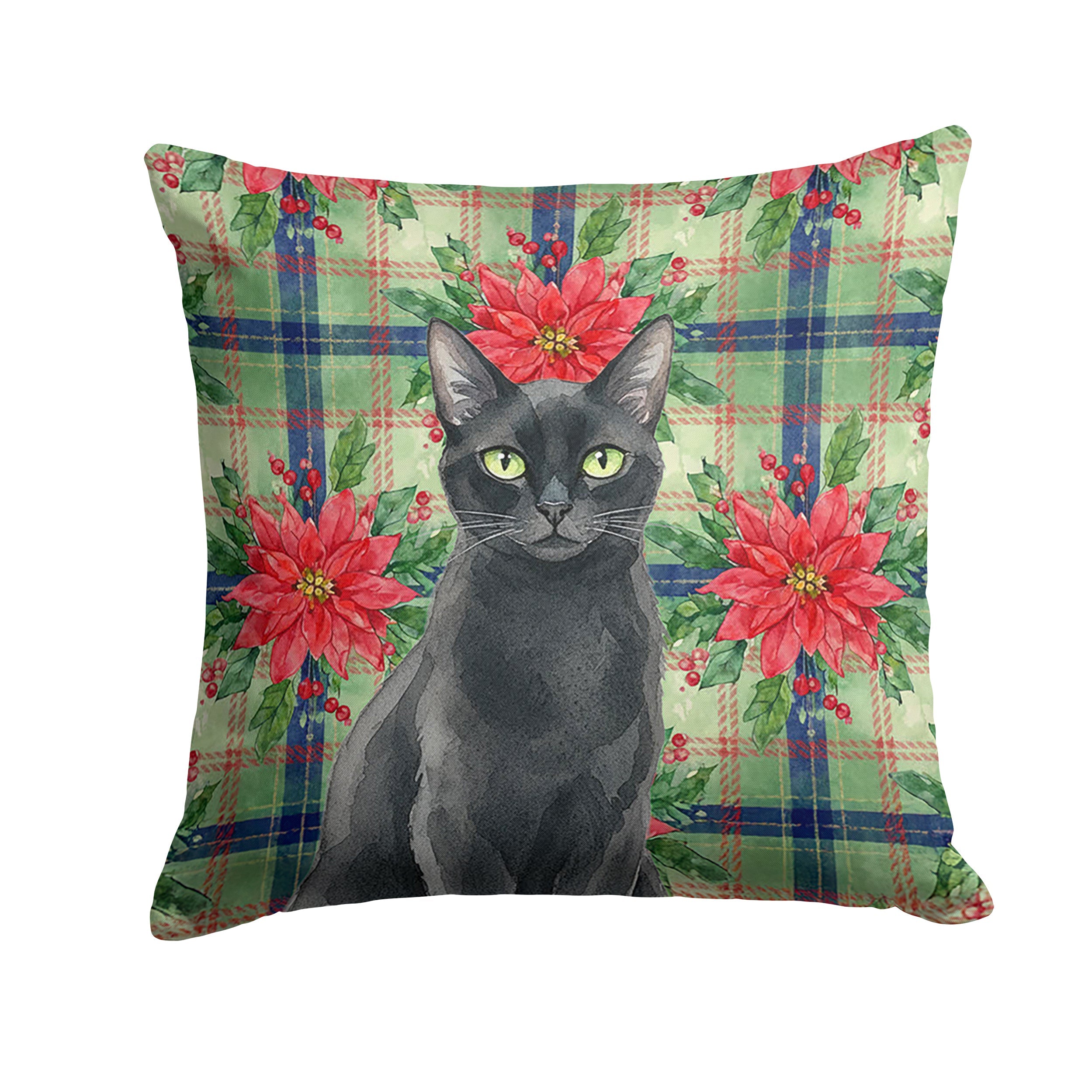 Solid Black Cat with Poinsettias Decorative Throw Pillow 18x18 Indoor Outdoor Accent Cushion, Fabric Cover with Insert for Sofa, Bed, Porch & Living Room