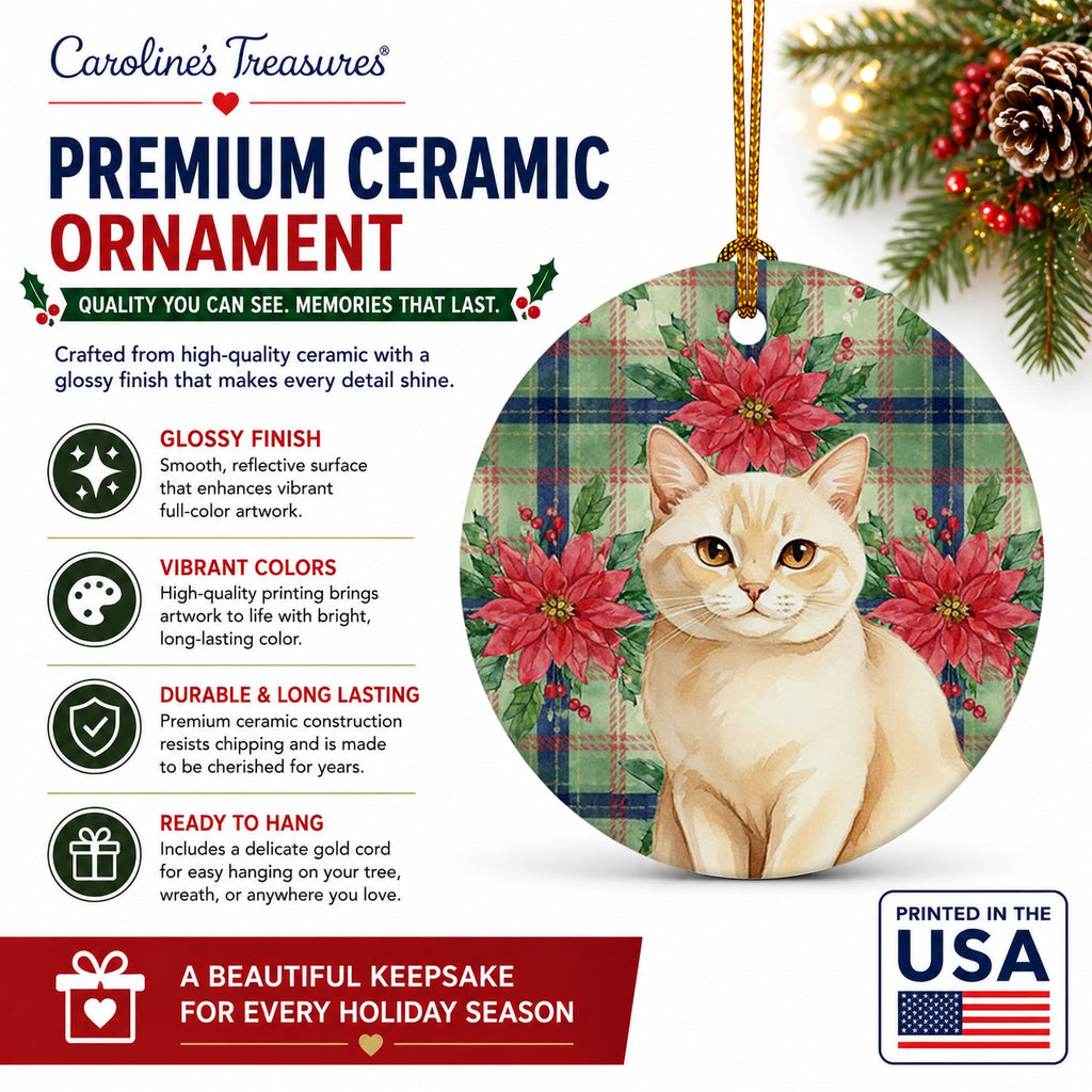 Solid Cream Cat with Poinsettias Ceramic Ornament Christmas Tree Hanging Decorations for Home Christmas Holiday, Party, Gift, 3 in, Multicolor