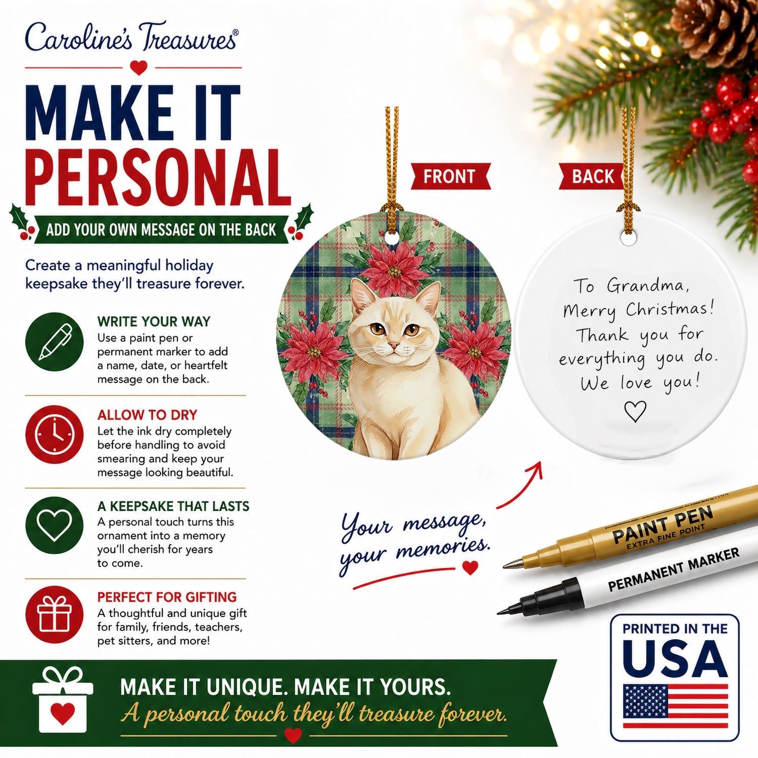 Solid Cream Cat with Poinsettias Ceramic Ornament Christmas Tree Hanging Decorations for Home Christmas Holiday, Party, Gift, 3 in, Multicolor