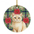 Solid Cream Cat with Poinsettias Ceramic Ornament Christmas Tree Hanging Decorations for Home Christmas Holiday, Party, Gift, 3 in, Multicolor