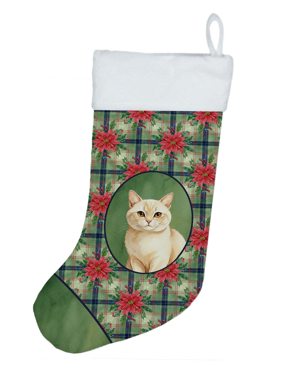Solid Cream Cat with Poinsettias Holiday Stocking Double-Sided Print, Polyester Suede,11x18, Made in USA
