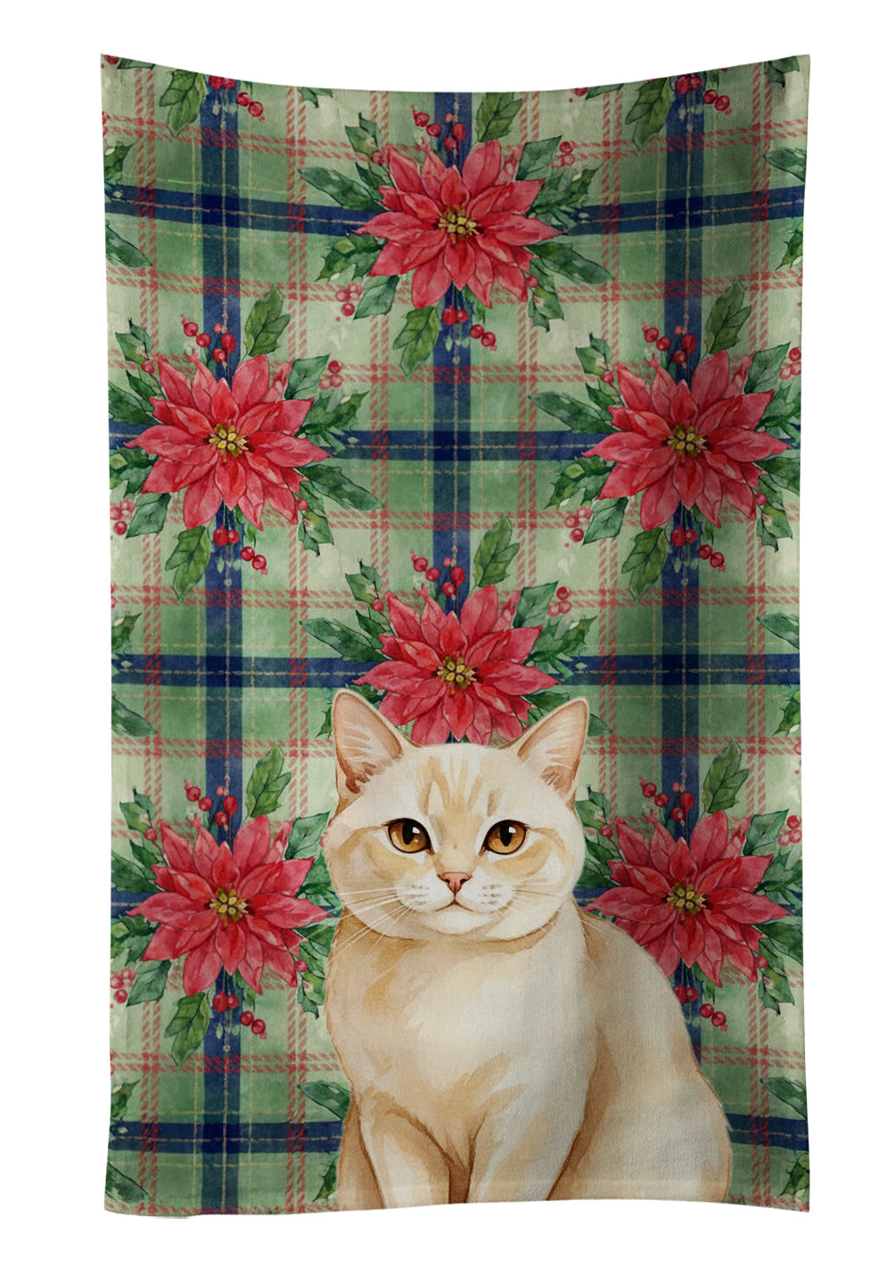 Solid Cream Cat with Poinsettias Kitchen Towel Velour Plush Front and Cotton Loop Back Machine Washable