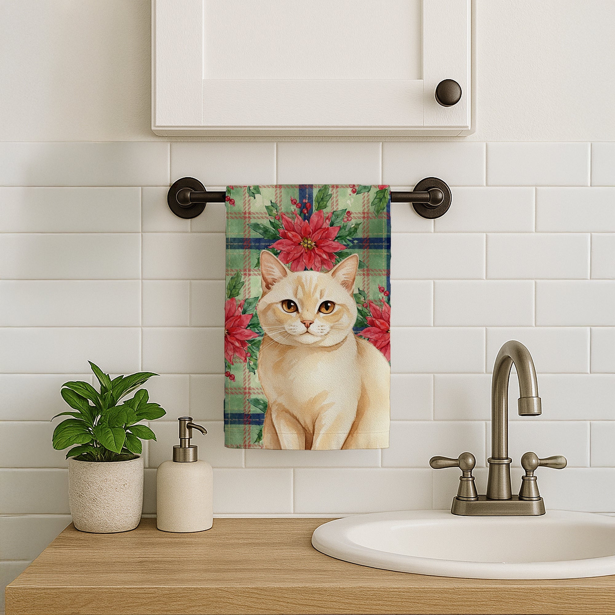 Solid Cream Cat with Poinsettias Kitchen Towel Velour Plush Front and Cotton Loop Back Machine Washable