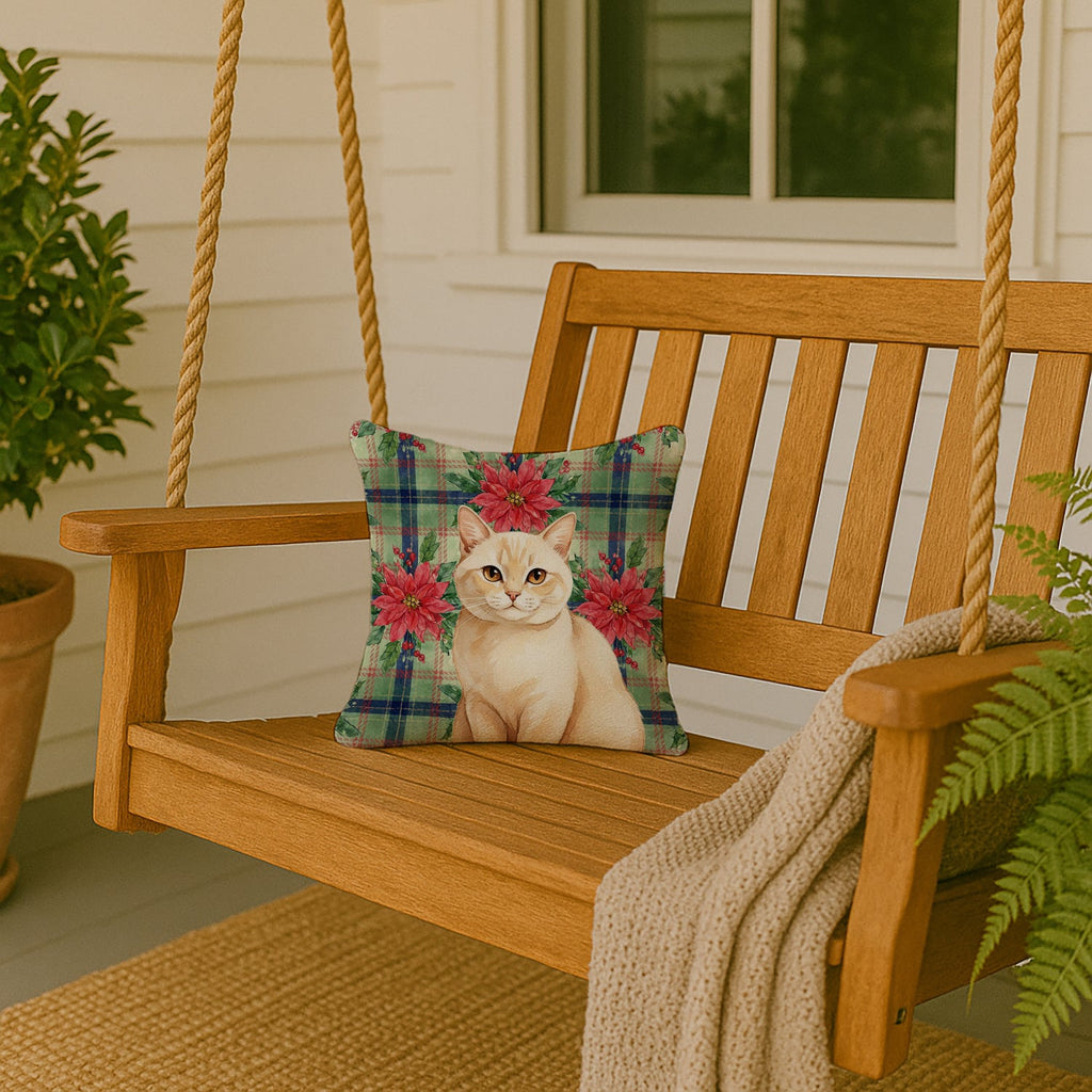 Solid Cream Cat with Poinsettias Decorative Throw Pillow 14x14 Indoor Outdoor Accent Cushion, Fabric Cover with Insert for Sofa, Bed, Porch & Living Room