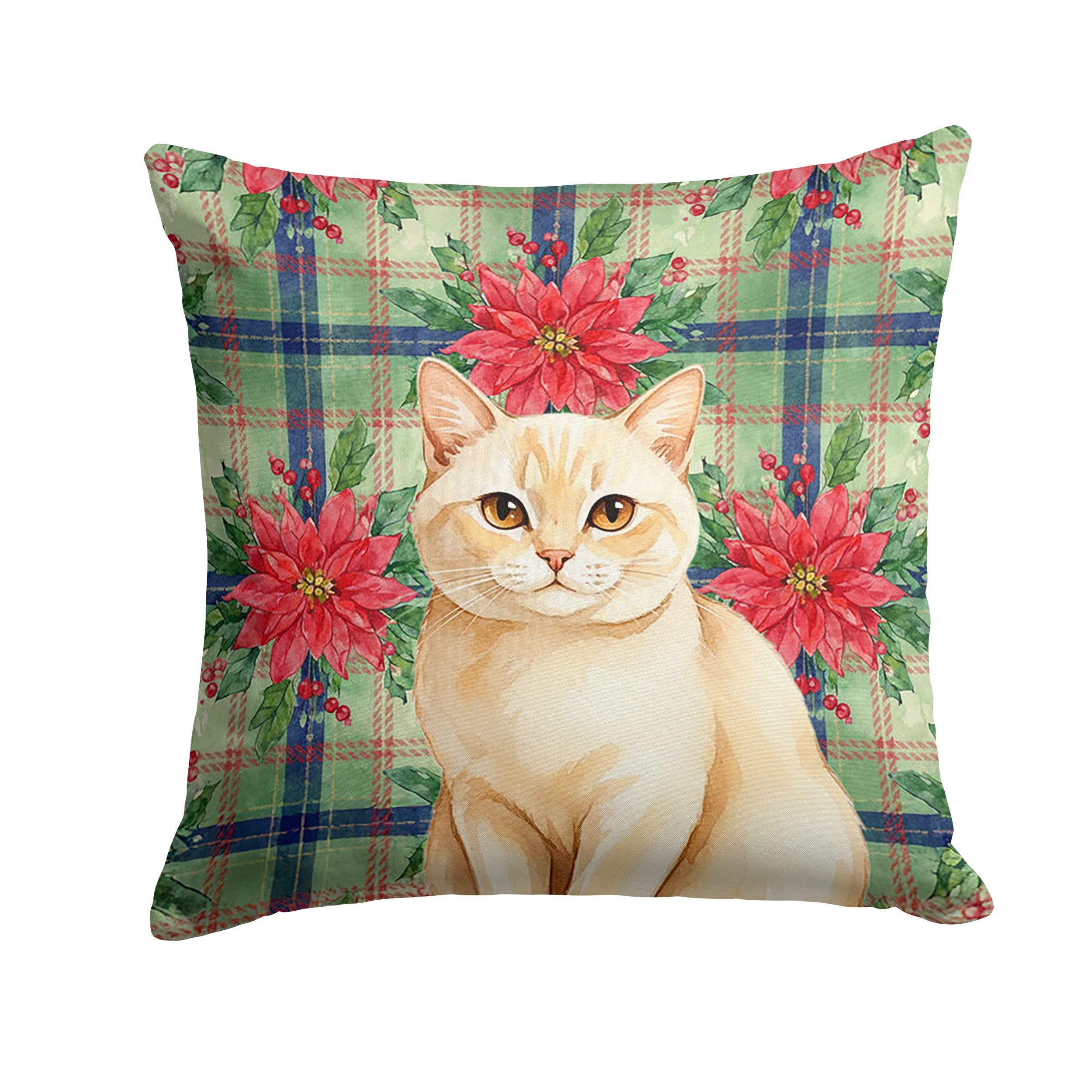 Solid Cream Cat with Poinsettias Decorative Throw Pillow 18x18 Indoor Outdoor Accent Cushion, Fabric Cover with Insert for Sofa, Bed, Porch & Living Room