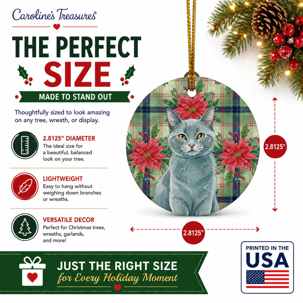 Solid Gray Cat with Poinsettias Ceramic Ornament Christmas Tree Hanging Decorations for Home Christmas Holiday, Party, Gift, 3 in, Multicolor