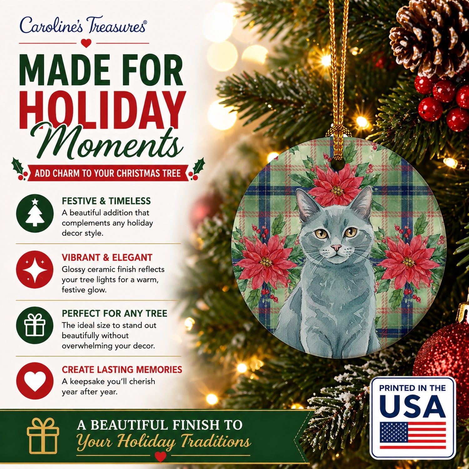 Solid Gray Cat with Poinsettias Ceramic Ornament Christmas Tree Hanging Decorations for Home Christmas Holiday, Party, Gift, 3 in, Multicolor