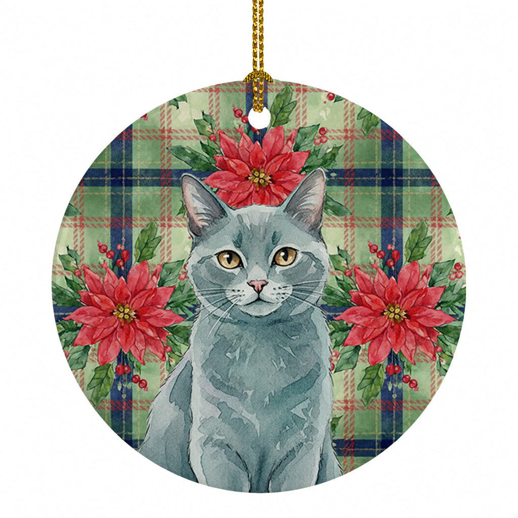 Solid Gray Cat with Poinsettias Ceramic Ornament Christmas Tree Hanging Decorations for Home Christmas Holiday, Party, Gift, 3 in, Multicolor