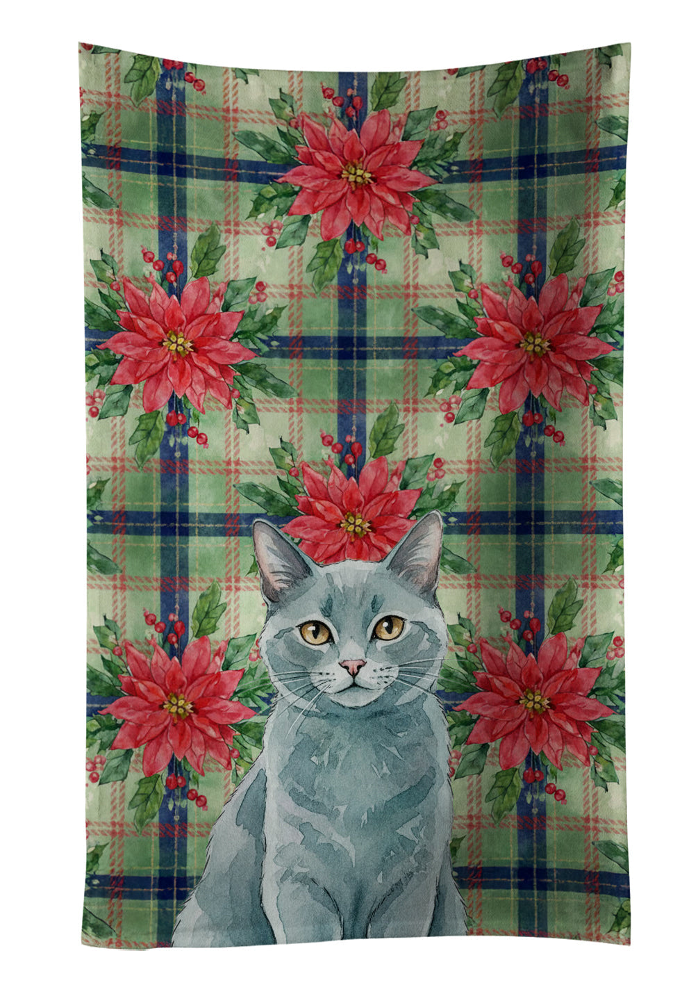 Solid Gray Cat with Poinsettias Kitchen Towel Velour Plush Front and Cotton Loop Back Machine Washable