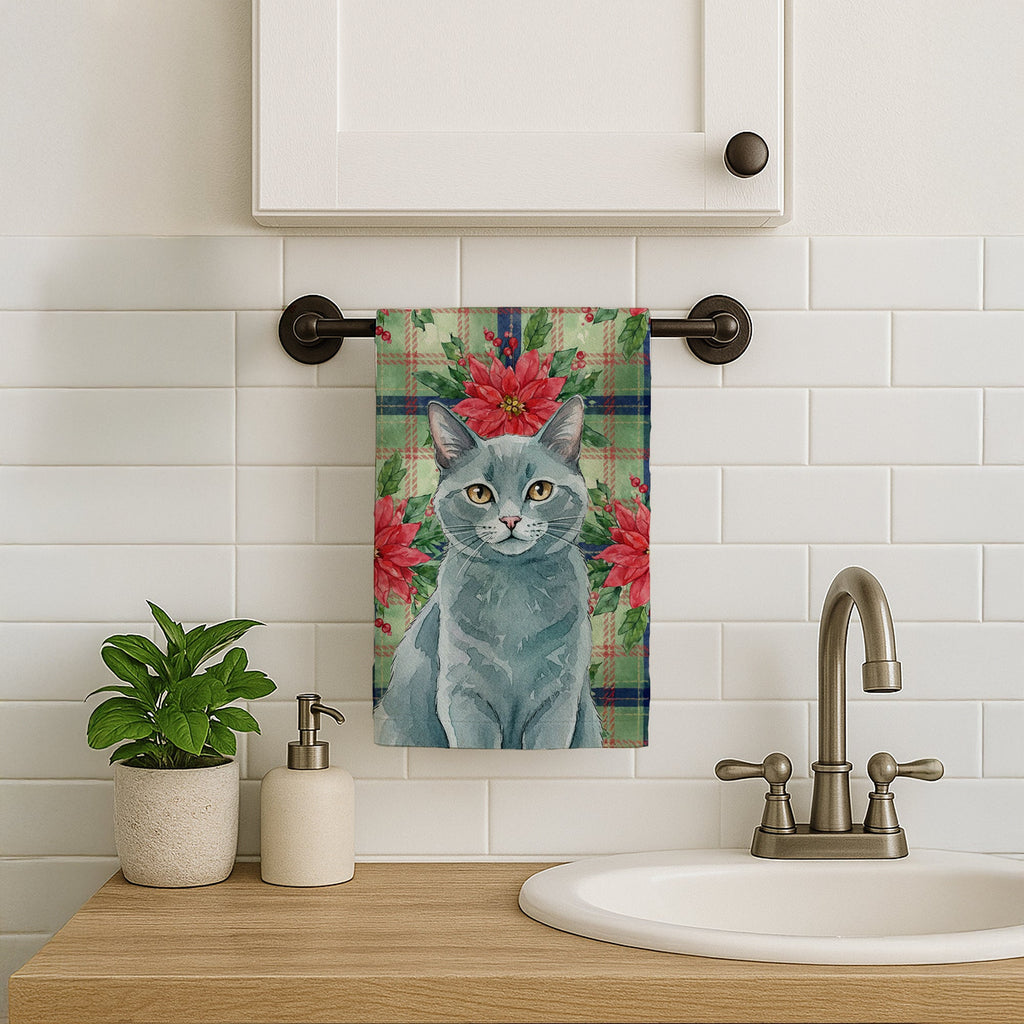 Solid Gray Cat with Poinsettias Kitchen Towel Velour Plush Front and Cotton Loop Back Machine Washable