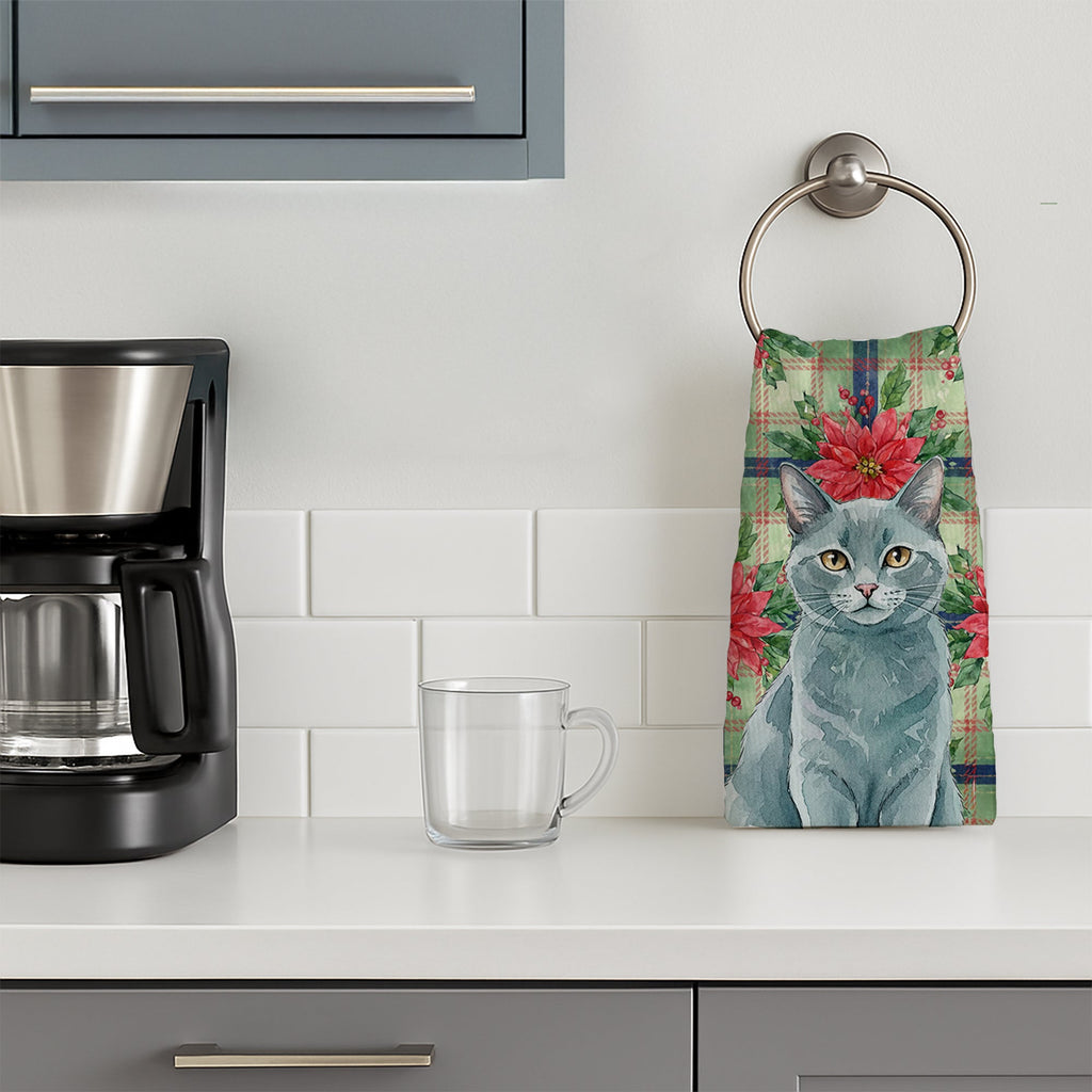 Solid Gray Cat with Poinsettias Kitchen Towel Velour Plush Front and Cotton Loop Back Machine Washable