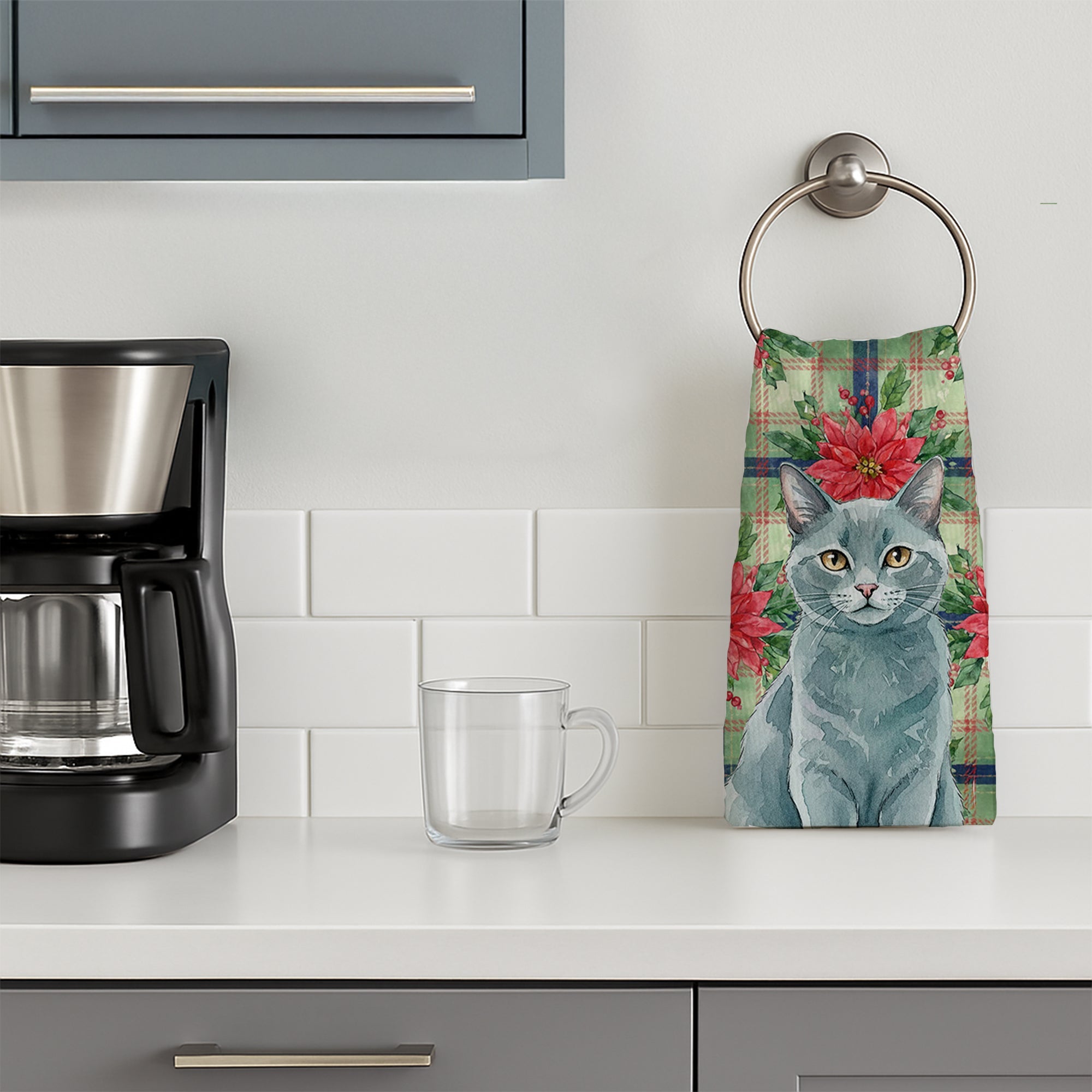 Solid Gray Cat with Poinsettias Kitchen Towel Velour Plush Front and Cotton Loop Back Machine Washable