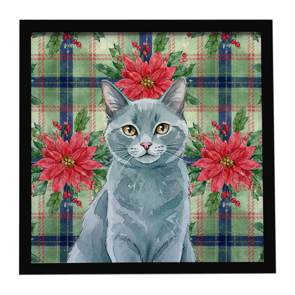 Solid Gray Cat with Poinsettias Framed Metal Print Bathroom, Kitchen, Office, Home Decor Wall Art Ready to Hang, Square, 8X8