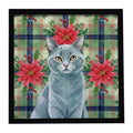 Solid Gray Cat with Poinsettias Framed Metal Print Bathroom, Kitchen, Office, Home Decor Wall Art Ready to Hang, Square, 8X8