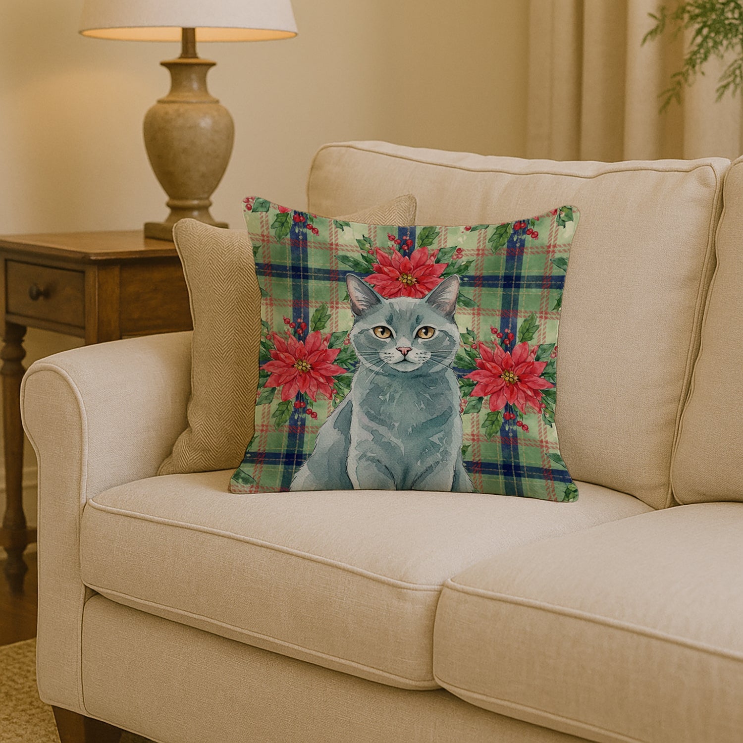 Solid Gray Cat with Poinsettias Decorative Throw Pillow 14x14 Indoor Outdoor Accent Cushion, Fabric Cover with Insert for Sofa, Bed, Porch & Living Room