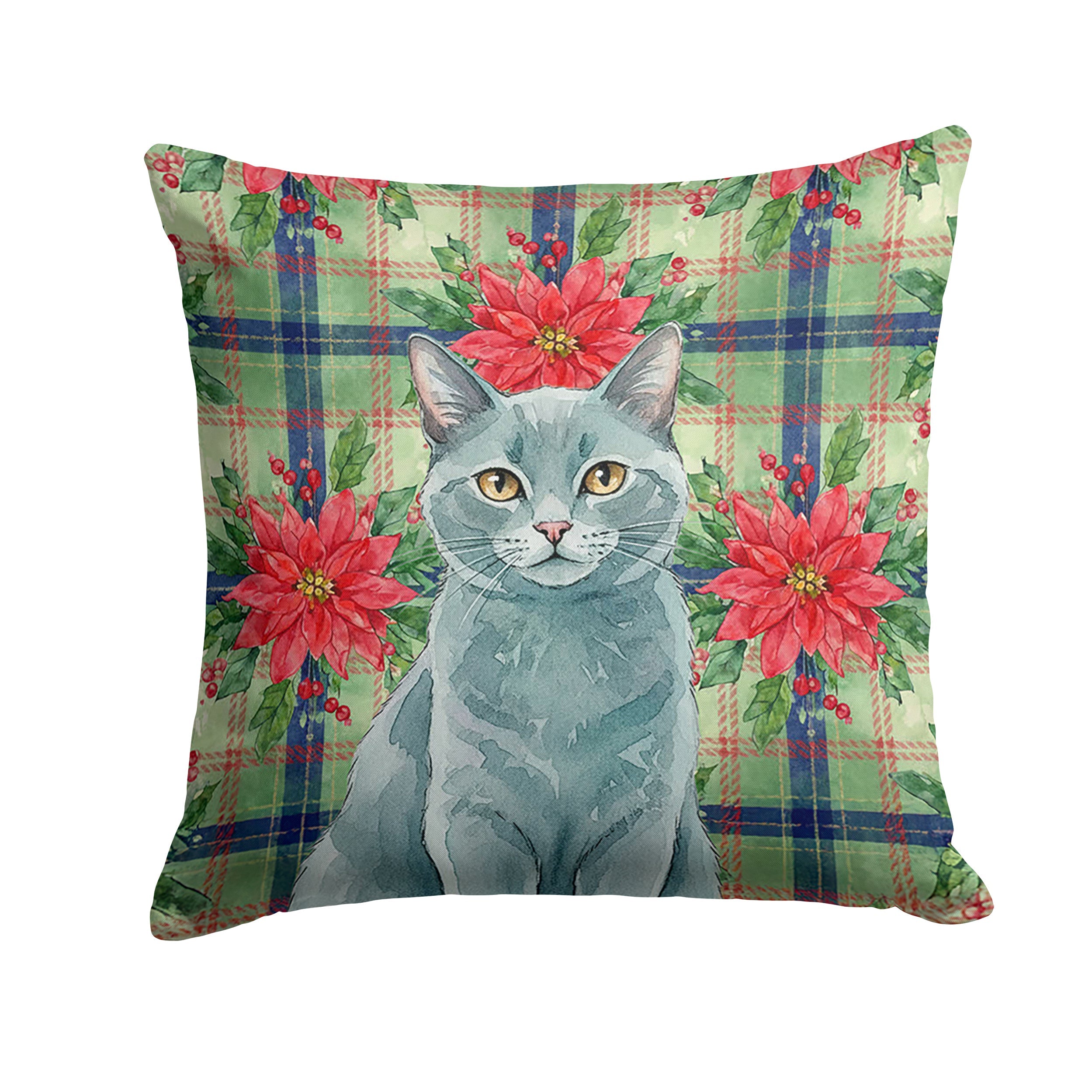 Solid Gray Cat with Poinsettias Decorative Throw Pillow 18x18 Indoor Outdoor Accent Cushion, Fabric Cover with Insert for Sofa, Bed, Porch & Living Room