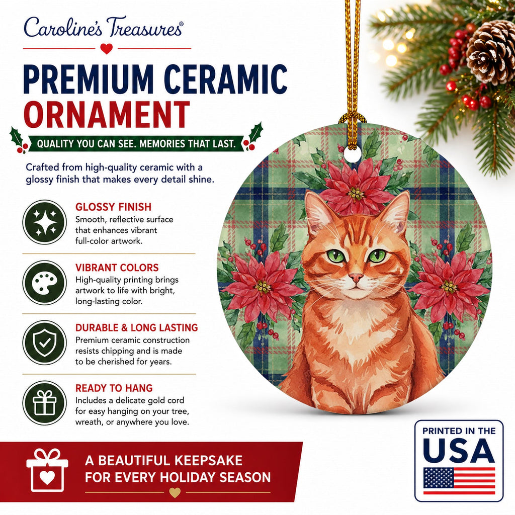 Solid Red Ginger Cat with Poinsettias Ceramic Ornament Christmas Tree Hanging Decorations for Home Christmas Holiday, Party, Gift, 3 in, Multicolor