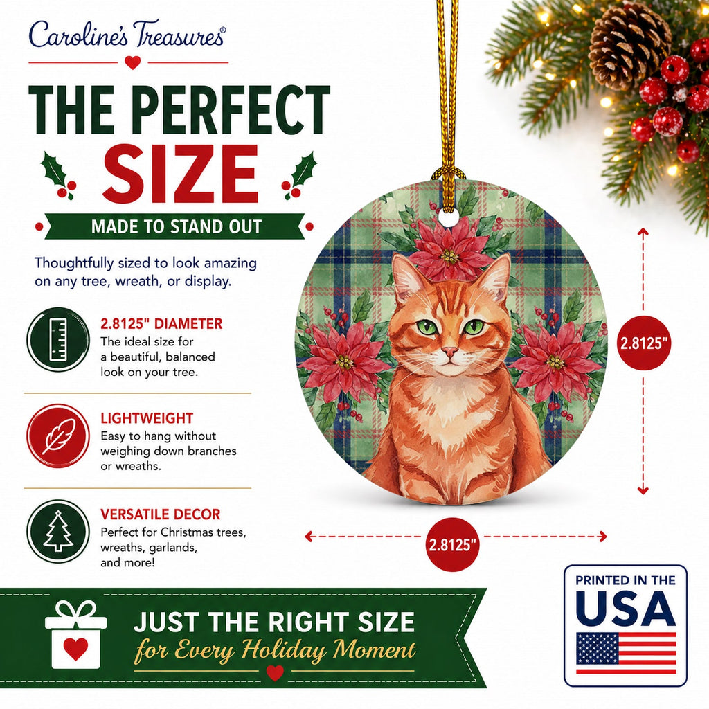 Solid Red Ginger Cat with Poinsettias Ceramic Ornament Christmas Tree Hanging Decorations for Home Christmas Holiday, Party, Gift, 3 in, Multicolor