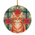 Solid Red Ginger Cat with Poinsettias Ceramic Ornament Christmas Tree Hanging Decorations for Home Christmas Holiday, Party, Gift, 3 in, Multicolor