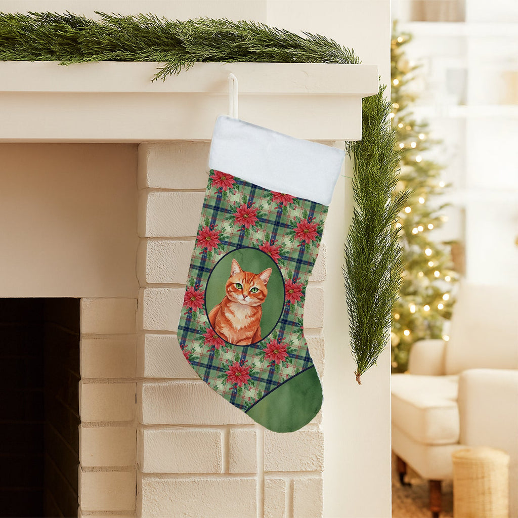Solid Red Ginger Cat with Poinsettias Holiday Stocking Double-Sided Print, Polyester Suede,11x18, Made in USA