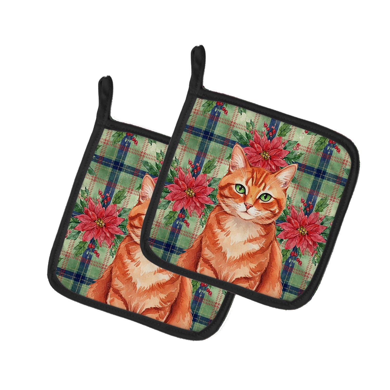 Solid Red Ginger Cat with Poinsettias Pot Holder Set of 2 Heat Resistant Quilted Hot Pads 7.5 x 7.5 Inch, Insulated Kitchen Trivets for Cooking & Baking