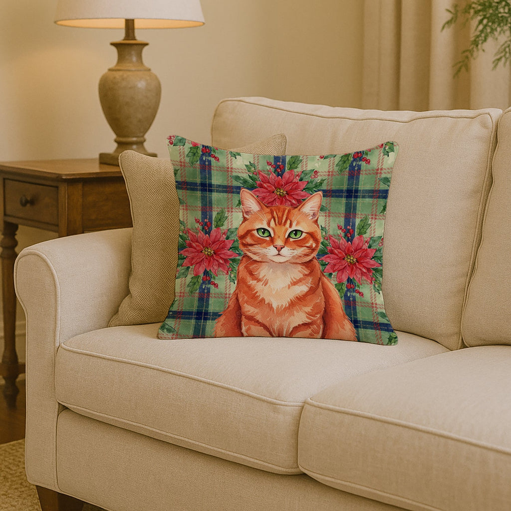 Solid Red Ginger Cat with Poinsettias Decorative Throw Pillow 14x14 Indoor Outdoor Accent Cushion, Fabric Cover with Insert for Sofa, Bed, Porch & Living Room