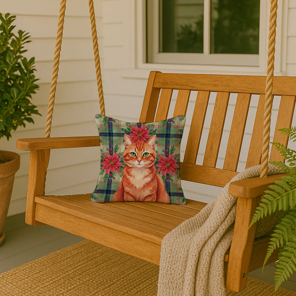 Solid Red Ginger Cat with Poinsettias Decorative Throw Pillow 14x14 Indoor Outdoor Accent Cushion, Fabric Cover with Insert for Sofa, Bed, Porch & Living Room