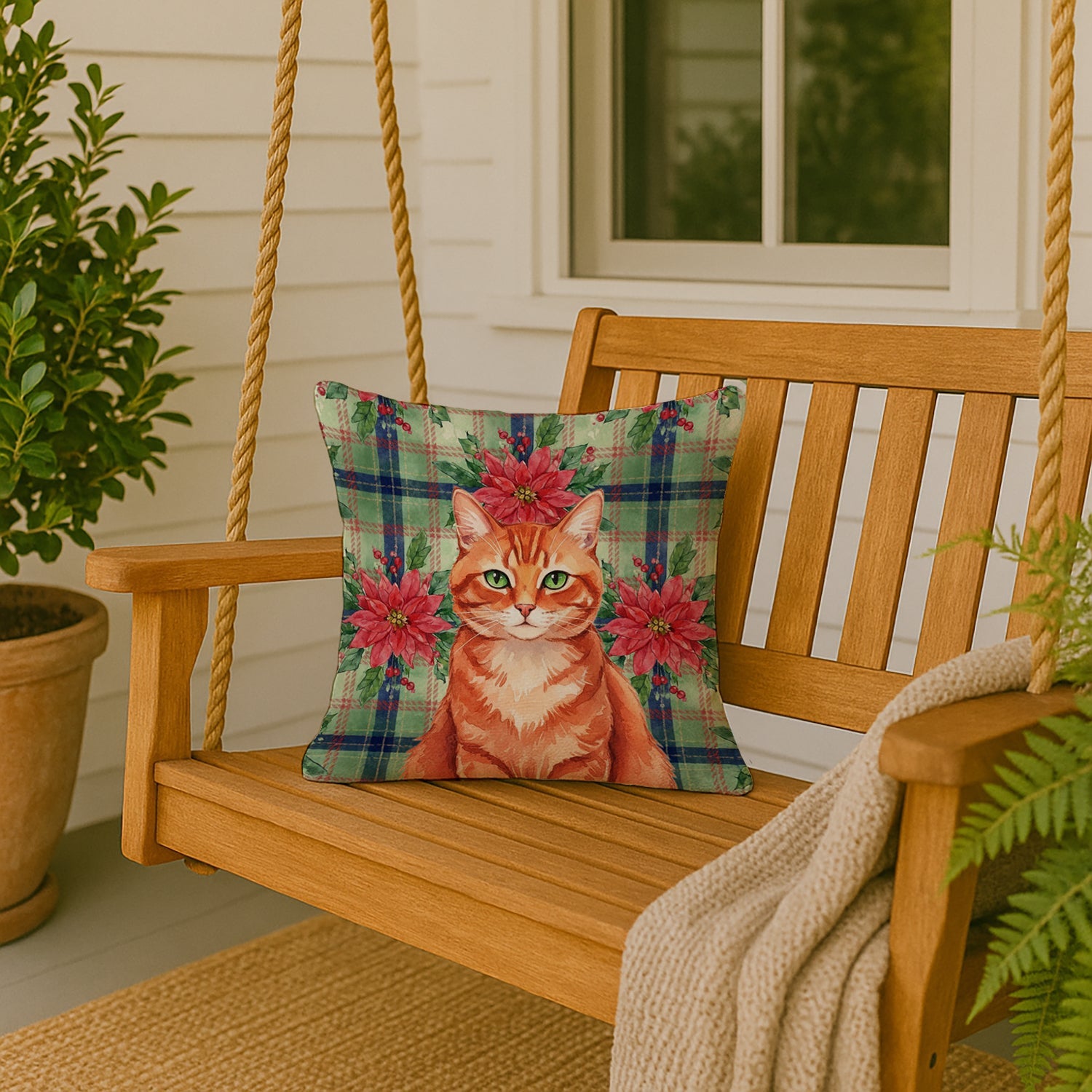 Solid Red Ginger Cat with Poinsettias Decorative Throw Pillow 18x18 Indoor Outdoor Accent Cushion, Fabric Cover with Insert for Sofa, Bed, Porch & Living Room
