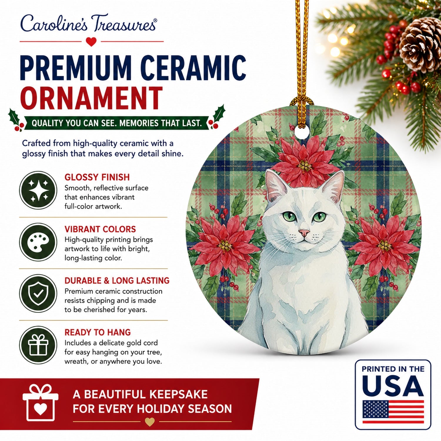 Solid White Cat with Poinsettias Ceramic Ornament Christmas Tree Hanging Decorations for Home Christmas Holiday, Party, Gift, 3 in, Multicolor