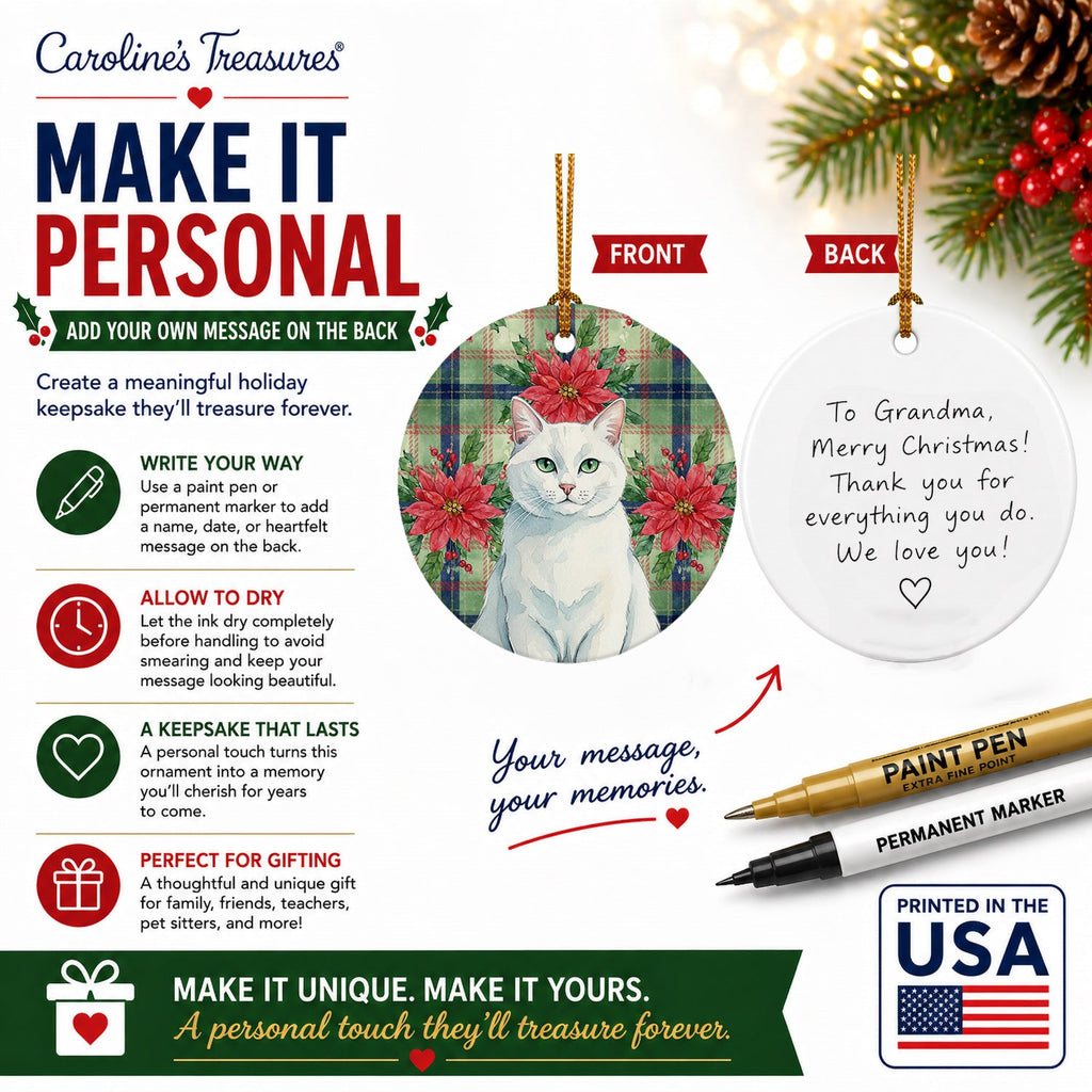 Solid White Cat with Poinsettias Ceramic Ornament Christmas Tree Hanging Decorations for Home Christmas Holiday, Party, Gift, 3 in, Multicolor