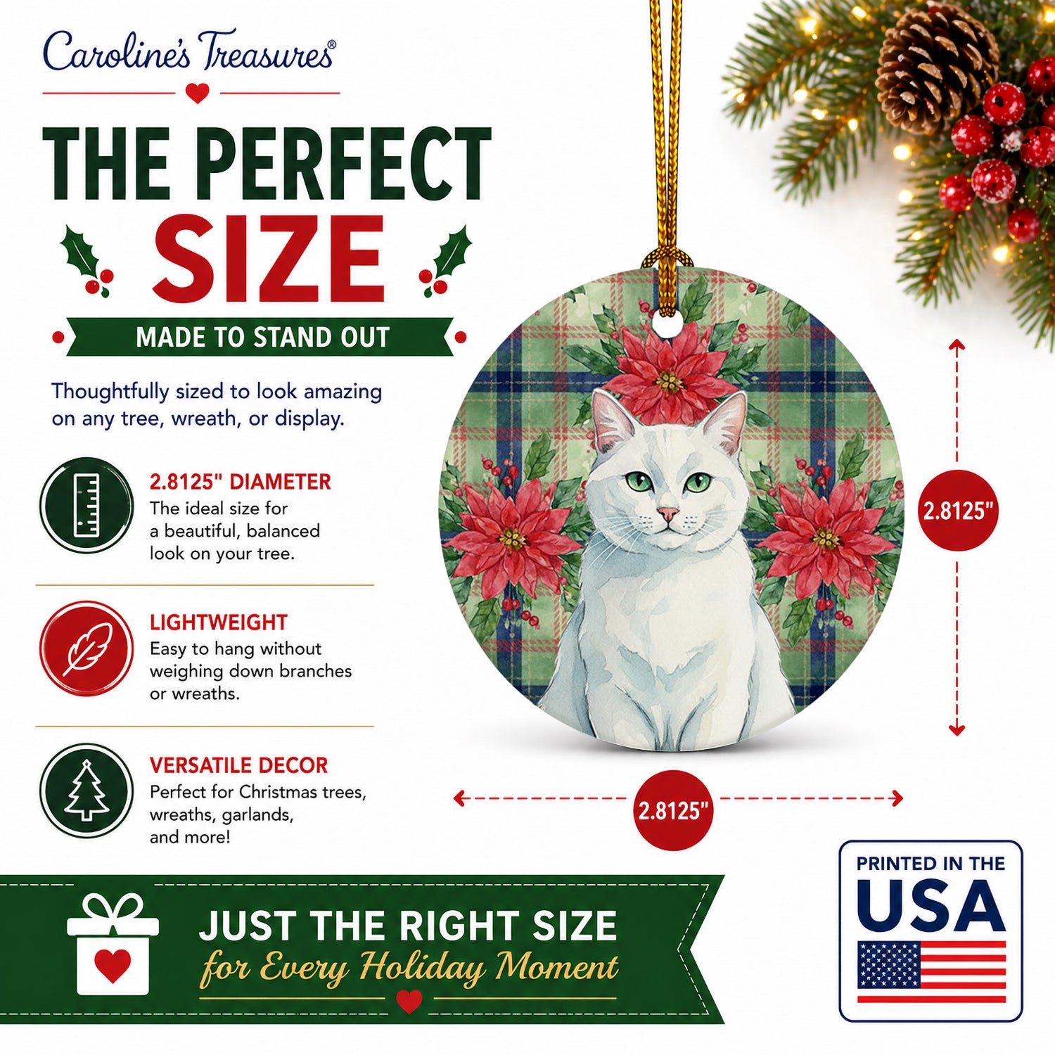 Solid White Cat with Poinsettias Ceramic Ornament Christmas Tree Hanging Decorations for Home Christmas Holiday, Party, Gift, 3 in, Multicolor