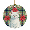 Solid White Cat with Poinsettias Ceramic Ornament Christmas Tree Hanging Decorations for Home Christmas Holiday, Party, Gift, 3 in, Multicolor