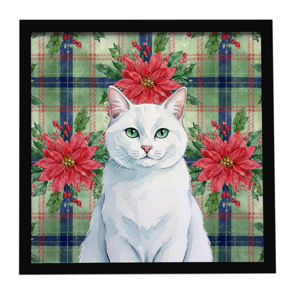 Solid White Cat with Poinsettias Framed Metal Print Bathroom, Kitchen, Office, Home Decor Wall Art Ready to Hang, Square, 8X8