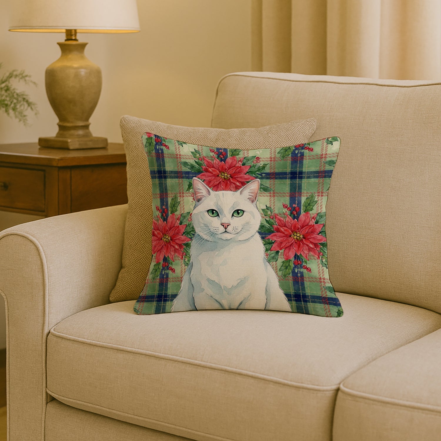 Solid White Cat with Poinsettias Decorative Throw Pillow 18x18 Indoor Outdoor Accent Cushion, Fabric Cover with Insert for Sofa, Bed, Porch & Living Room