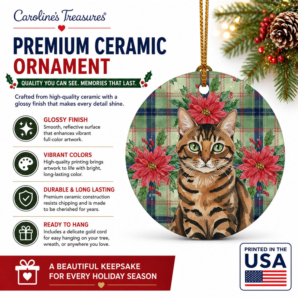 Spotted Tabby Brown Cat with Poinsettias Ceramic Ornament Christmas Tree Hanging Decorations for Home Christmas Holiday, Party, Gift, 3 in, Multicolor