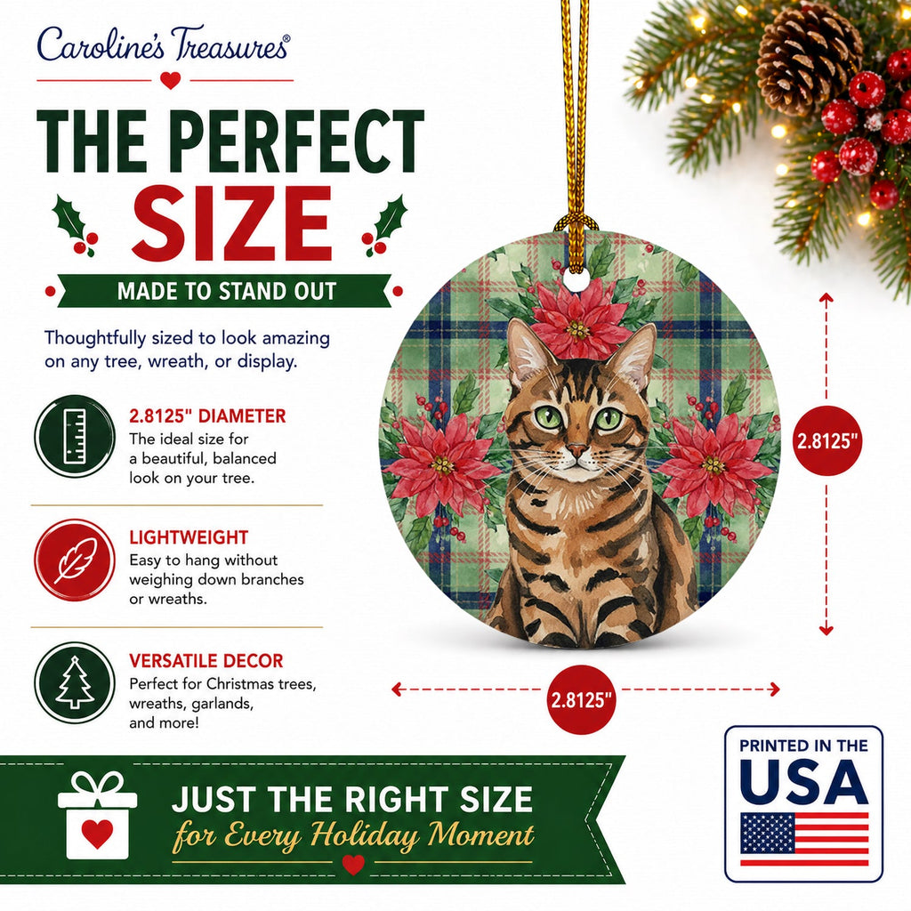 Spotted Tabby Brown Cat with Poinsettias Ceramic Ornament Christmas Tree Hanging Decorations for Home Christmas Holiday, Party, Gift, 3 in, Multicolor