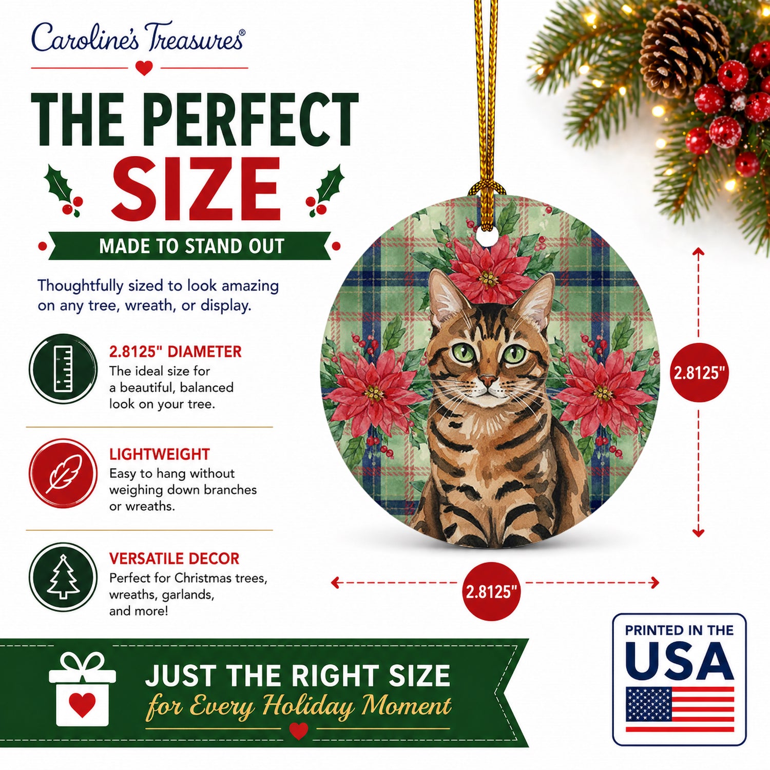 Spotted Tabby Brown Cat with Poinsettias Ceramic Ornament Christmas Tree Hanging Decorations for Home Christmas Holiday, Party, Gift, 3 in, Multicolor